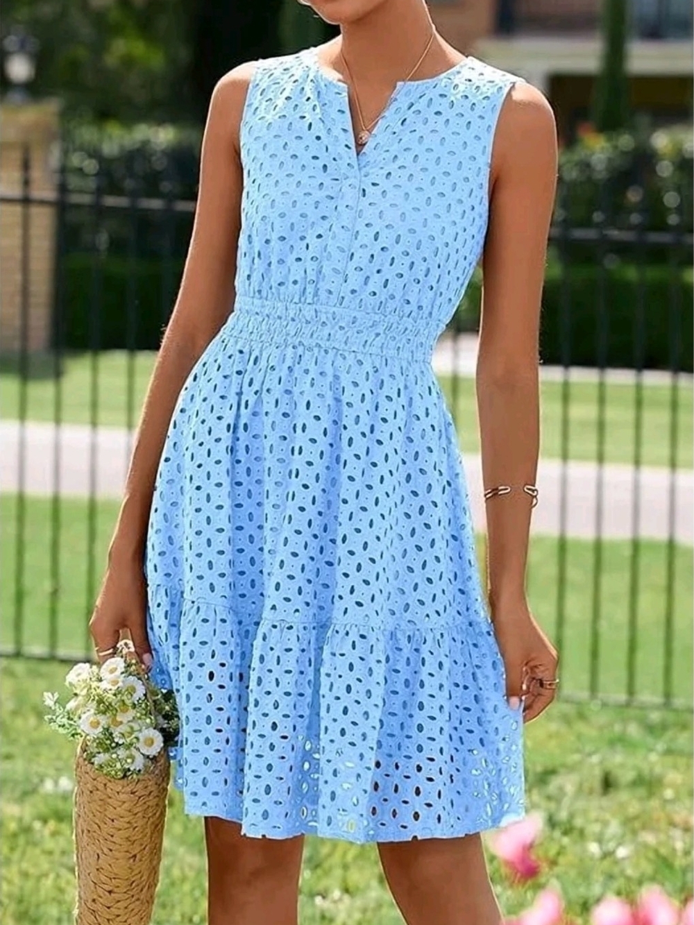 Sleeveless Light Blue Eyelet Midi Dress with Smocked Waist